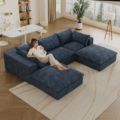118.2' Cloud Sofa,Corduroy Fabric,Deep Seat Couches,Double - layer design,Removable Cushion,No Assembly, DIY Combination for Living room, Bedroom,Conference room ,Apartment,Blue - 1st Choice Furniture Direct