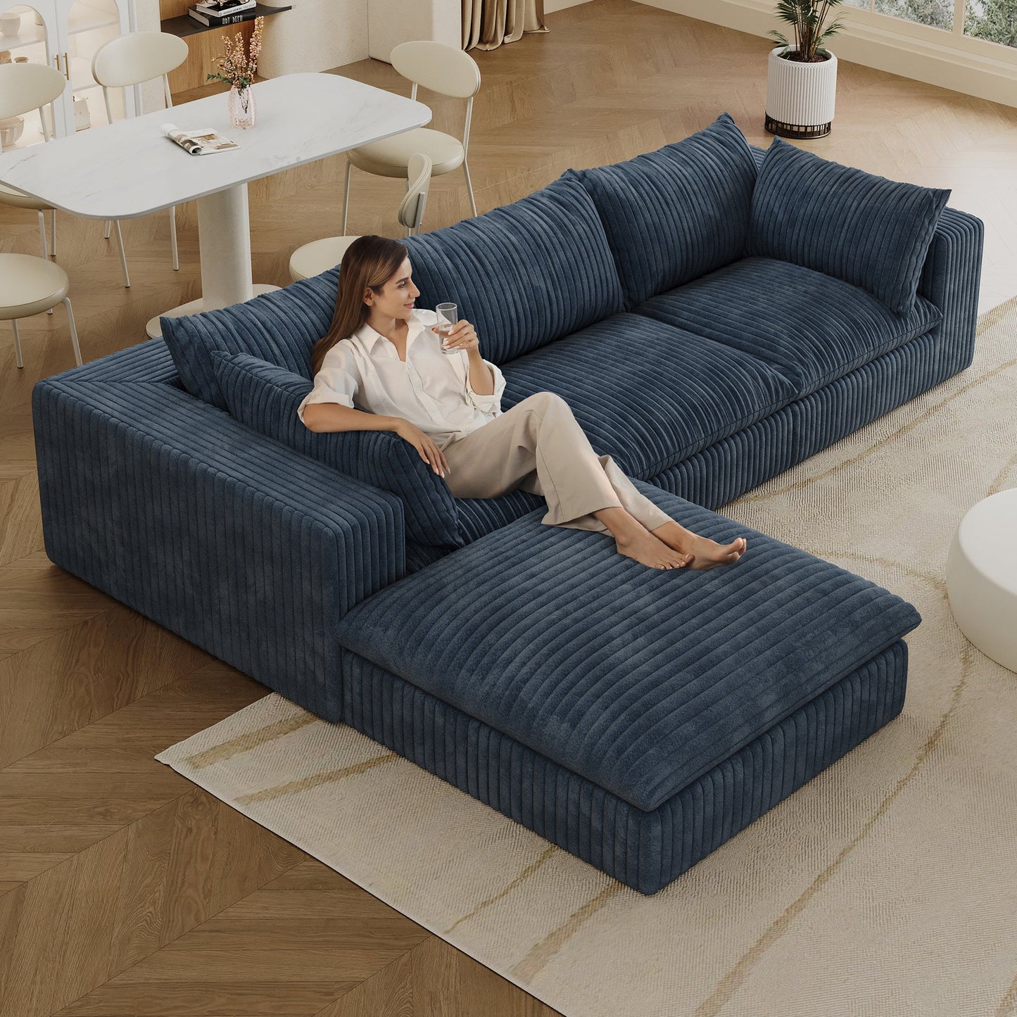118.2' Cloud Sofa,Corduroy Fabric,Deep Seat Couches,Double - layer design,Removable Cushion,No Assembly, DIY Combination for Living room, Bedroom,Conference room ,Apartment,Blue - 1st Choice Furniture Direct