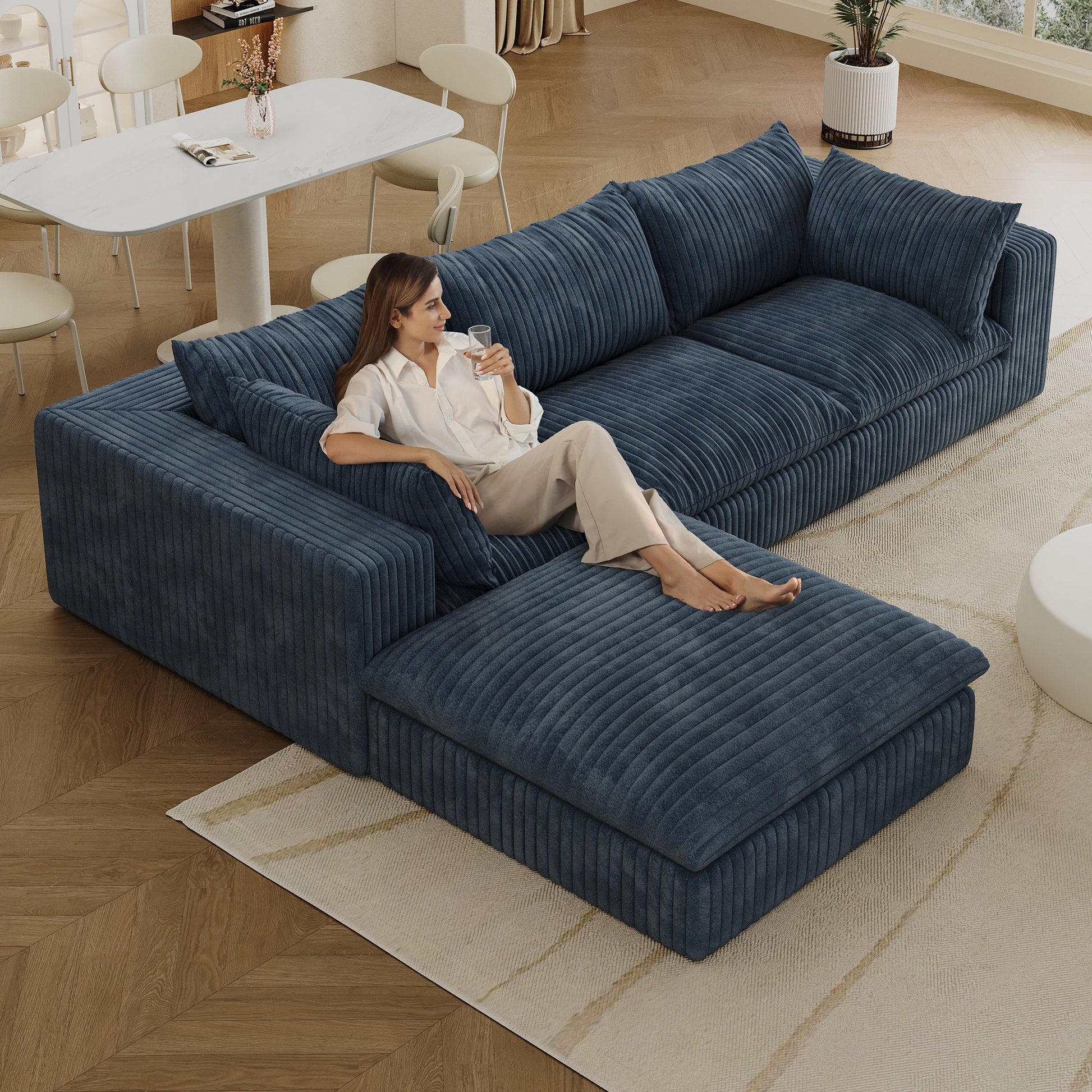 118.2' Cloud Sofa,Corduroy Fabric,Deep Seat Couches,Double - layer design,Removable Cushion,No Assembly, DIY Combination for Living room, Bedroom,Conference room ,Apartment,Blue - 1st Choice Furniture Direct