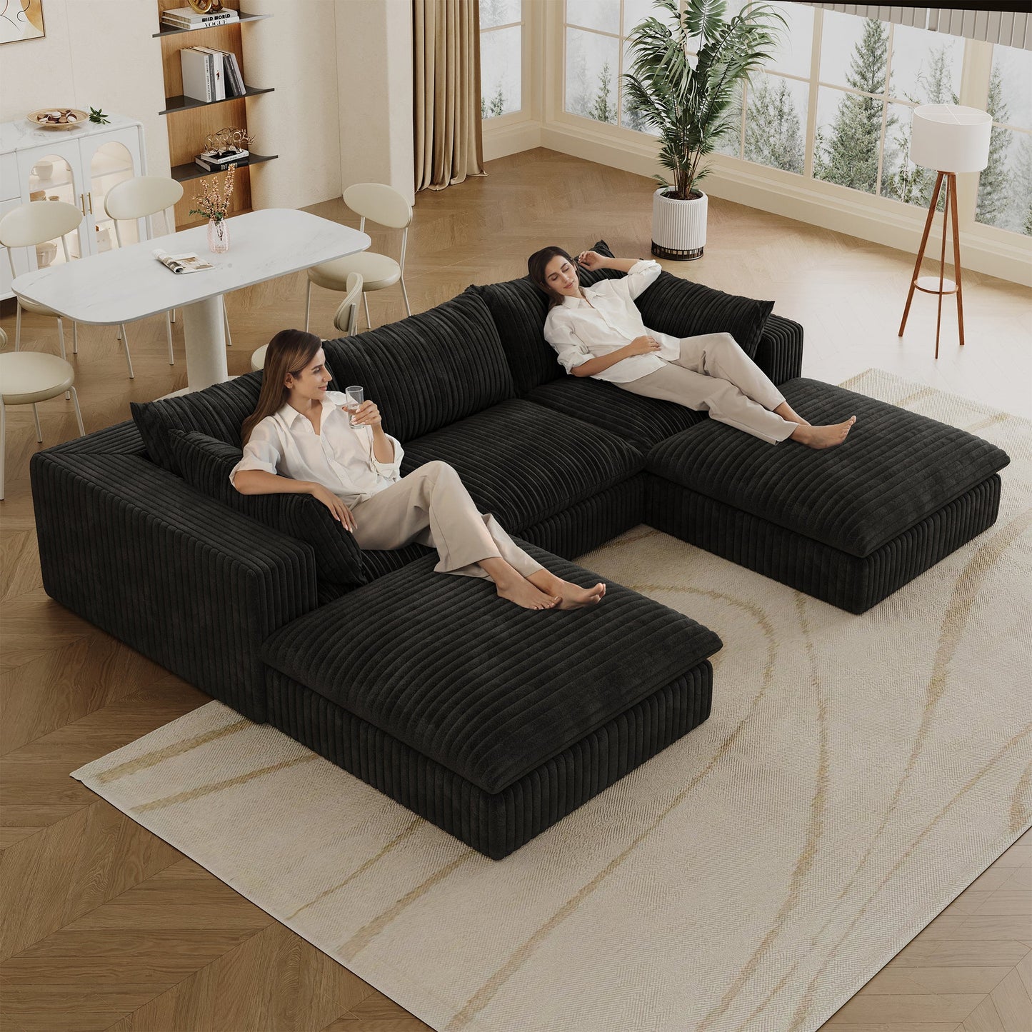 118.2' Cloud Sofa,Corduroy Fabric,Deep Seat Couches,Double - layer design,Removable Cushion,No Assembly, DIY Combination for Living room, Bedroom,Conference room ,Apartment,Black - 1st Choice Furniture Direct