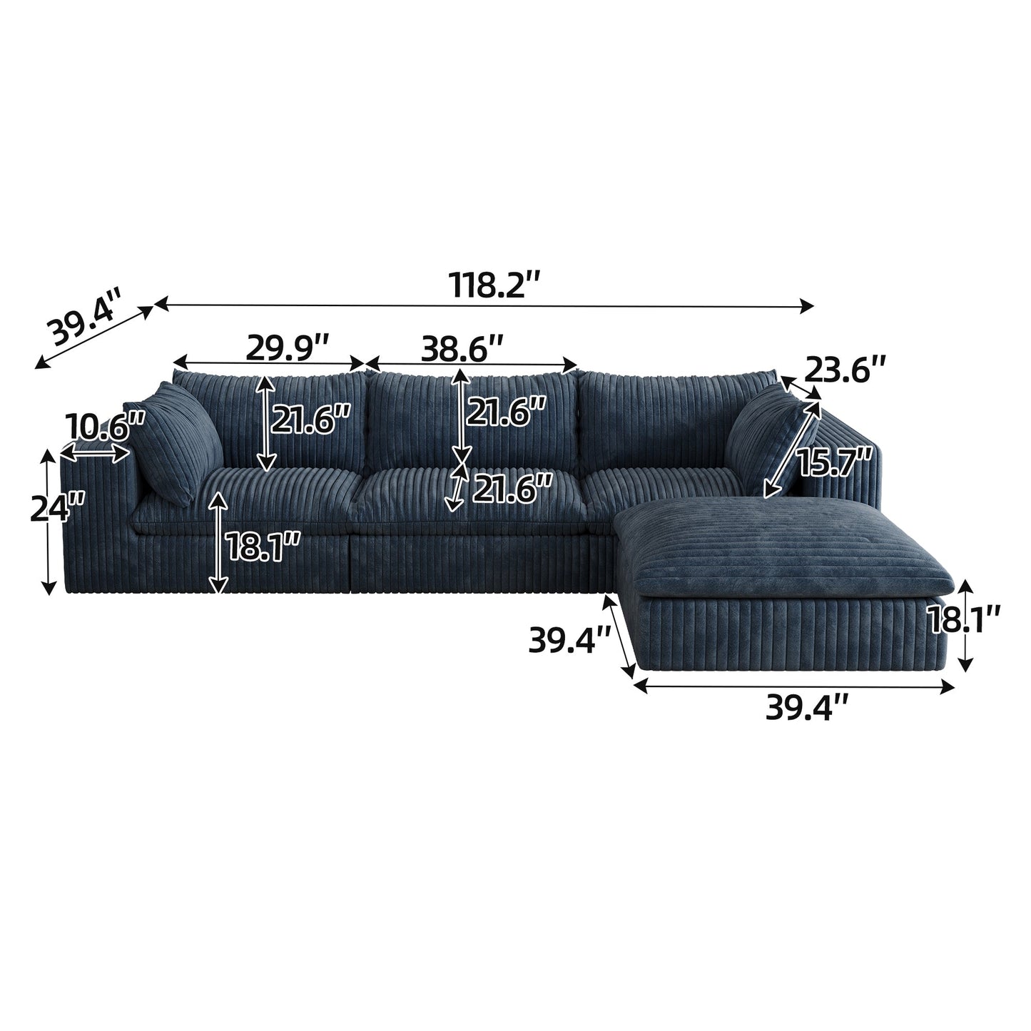 118.2' Cloud Sofa,Corduroy Fabric,Deep Seat Couches,Double - layer design,Removable Cushion,No Assembly, DIY Combination for Living room, Bedroom,Conference room ,Apartment,Blue - 1st Choice Furniture Direct
