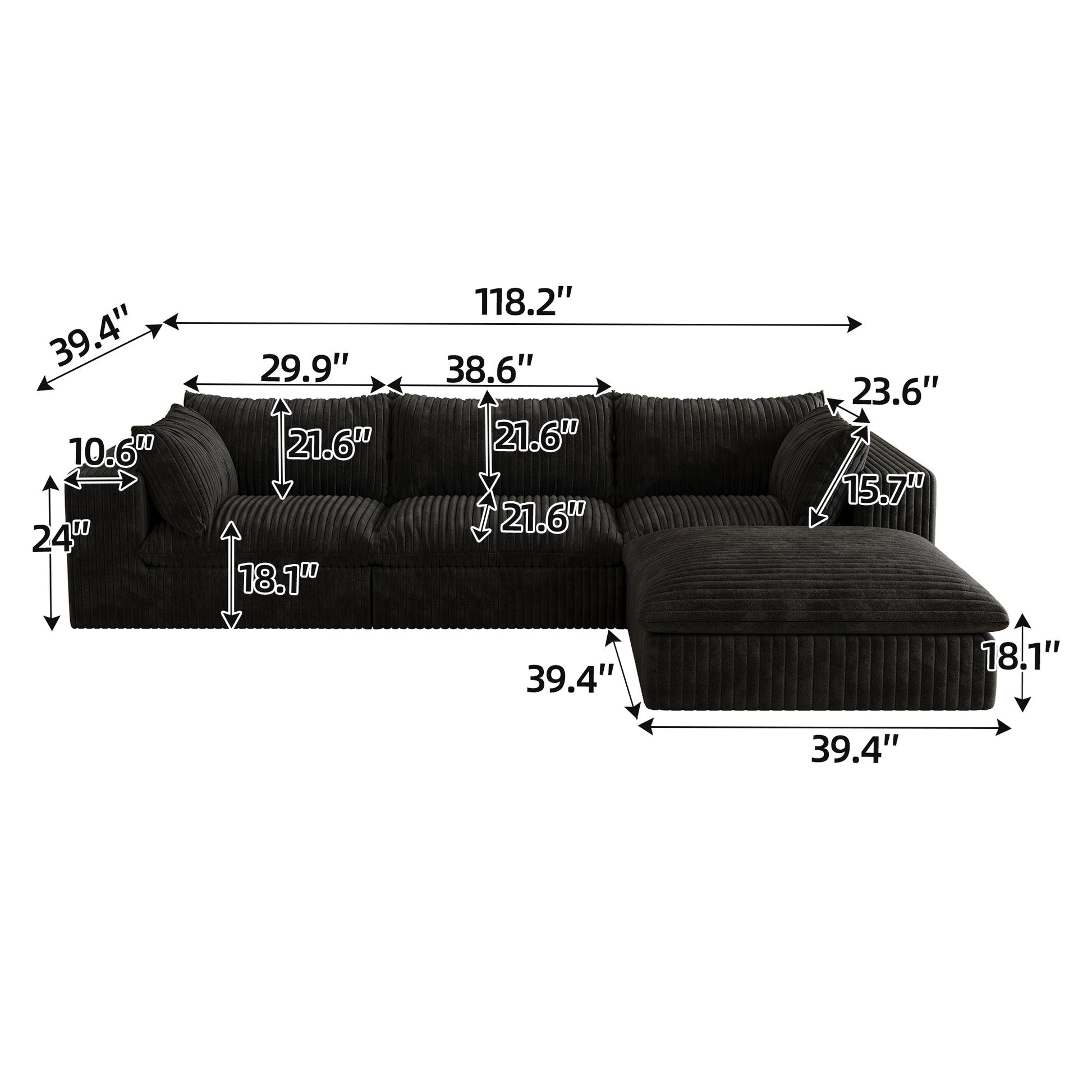 118.2' Cloud Sofa,Corduroy Fabric,Deep Seat Couches,Double - layer design,Removable Cushion,No Assembly, DIY Combination for Living room, Bedroom,Conference room ,Apartment,Black - 1st Choice Furniture Direct