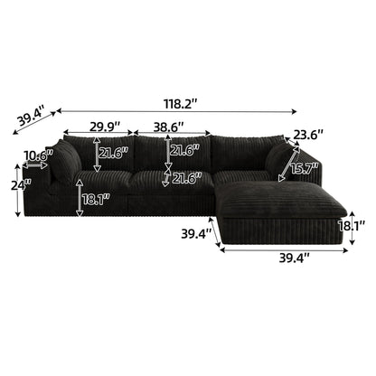 118.2' Cloud Sofa,Corduroy Fabric,Deep Seat Couches,Double - layer design,Removable Cushion,No Assembly, DIY Combination for Living room, Bedroom,Conference room ,Apartment,Black - 1st Choice Furniture Direct