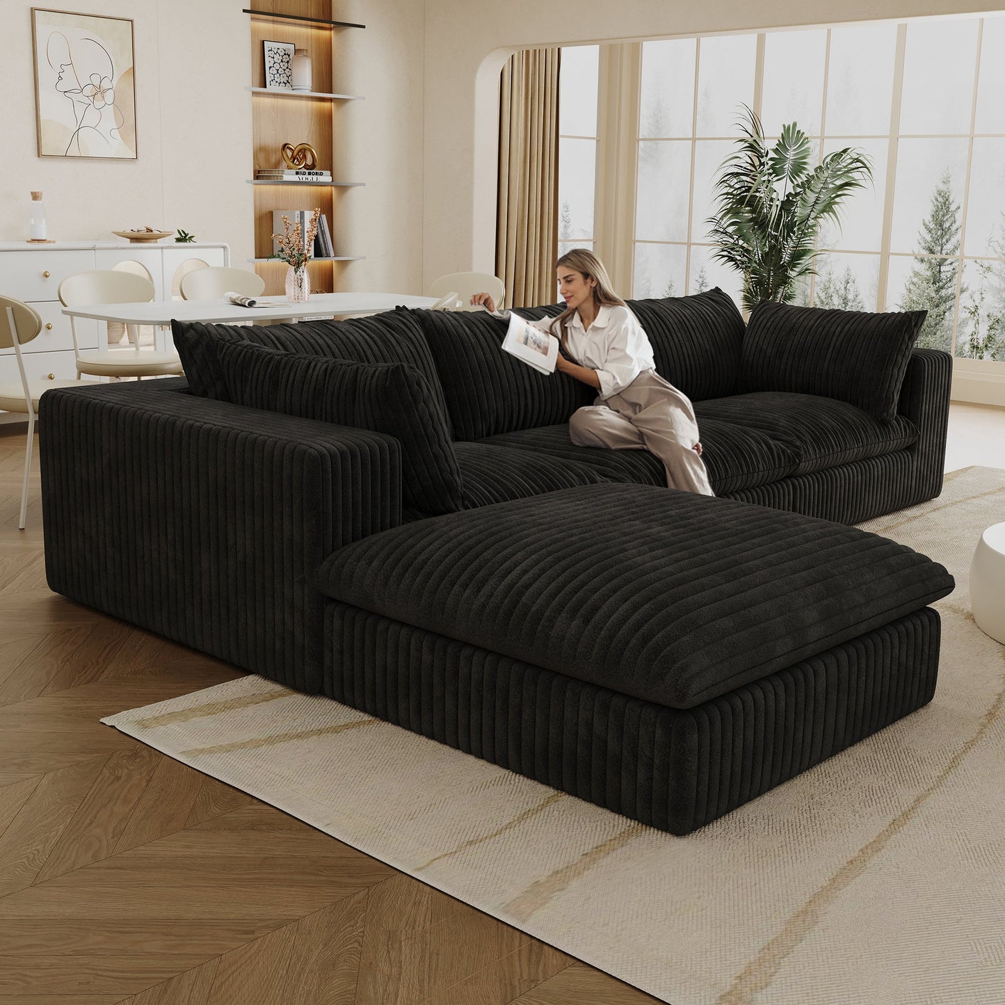 118.2' Cloud Sofa,Corduroy Fabric,Deep Seat Couches,Double - layer design,Removable Cushion,No Assembly, DIY Combination for Living room, Bedroom,Conference room ,Apartment,Black - 1st Choice Furniture Direct