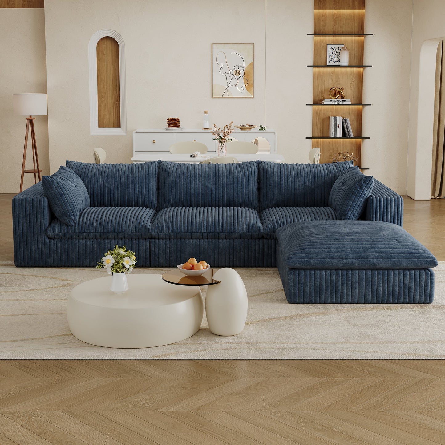 118.2' Cloud Sofa,Corduroy Fabric,Deep Seat Couches,Double - layer design,Removable Cushion,No Assembly, DIY Combination for Living room, Bedroom,Conference room ,Apartment,Blue - 1st Choice Furniture Direct