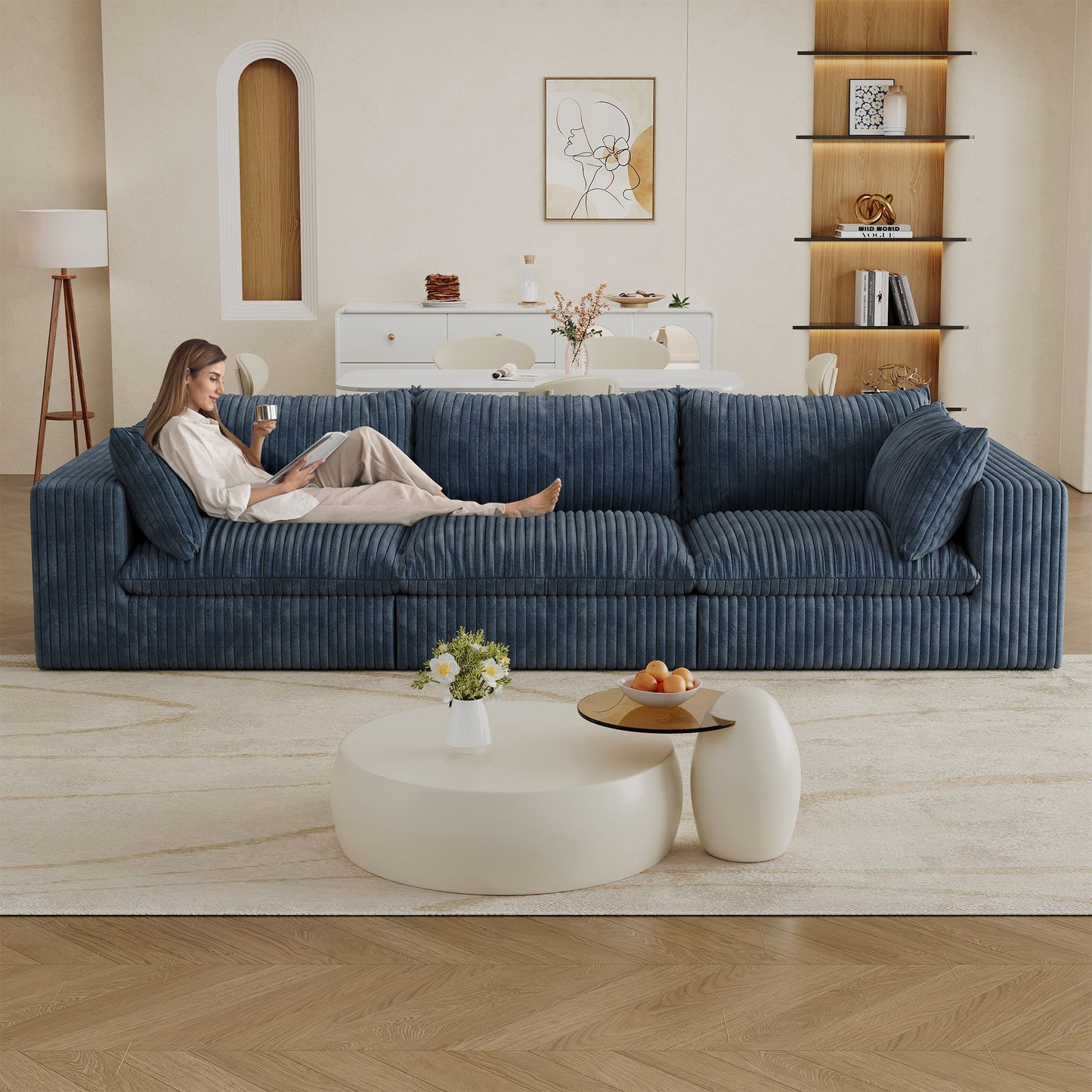 118.2' Cloud Sofa,Corduroy Fabric,Deep Seat Couches,Double - layer design,Removable Cushion,No Assembly, DIY Combination for Living room, Bedroom,Conference room ,Apartment,Blue - 1st Choice Furniture Direct