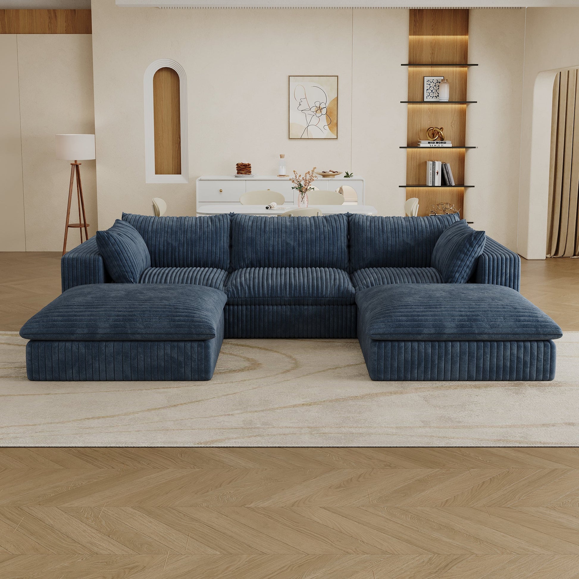 118.2' Cloud Sofa,Corduroy Fabric,Deep Seat Couches,Double - layer design,Removable Cushion,No Assembly, DIY Combination for Living room, Bedroom,Conference room ,Apartment,Blue - 1st Choice Furniture Direct
