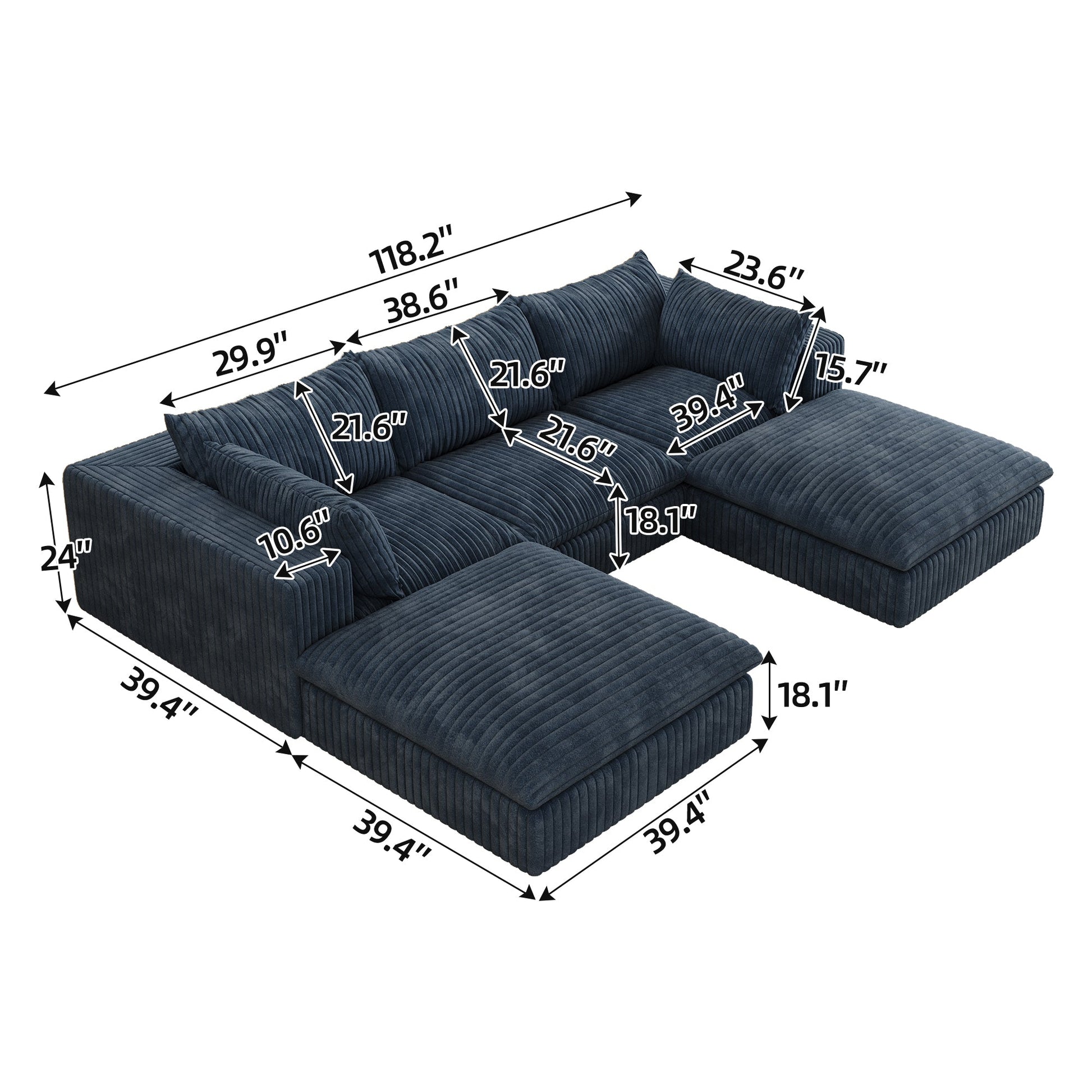 118.2' Cloud Sofa,Corduroy Fabric,Deep Seat Couches,Double - layer design,Removable Cushion,No Assembly, DIY Combination for Living room, Bedroom,Conference room ,Apartment,Blue - 1st Choice Furniture Direct