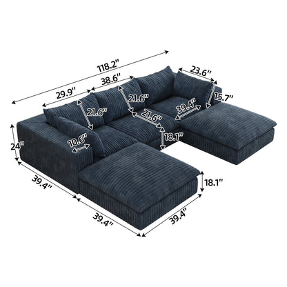 118.2' Cloud Sofa,Corduroy Fabric,Deep Seat Couches,Double - layer design,Removable Cushion,No Assembly, DIY Combination for Living room, Bedroom,Conference room ,Apartment,Blue - 1st Choice Furniture Direct