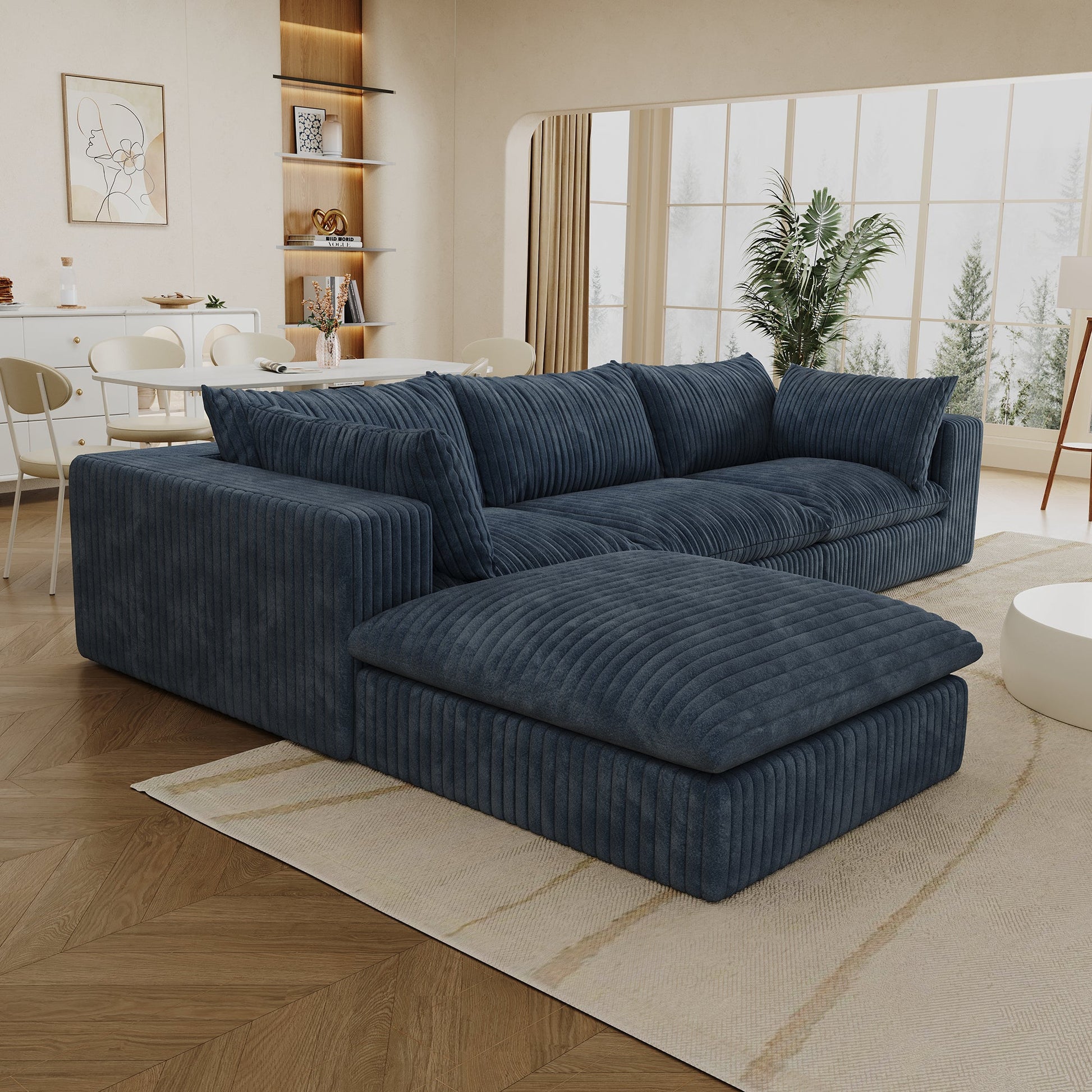 118.2' Cloud Sofa,Corduroy Fabric,Deep Seat Couches,Double - layer design,Removable Cushion,No Assembly, DIY Combination for Living room, Bedroom,Conference room ,Apartment,Blue - 1st Choice Furniture Direct