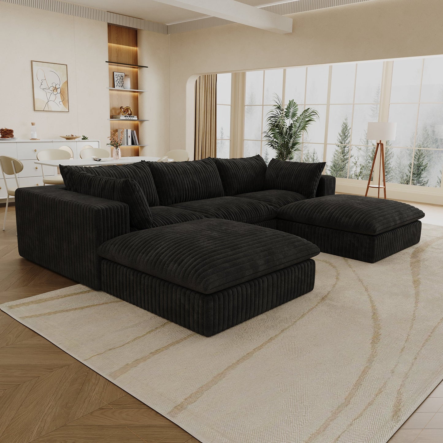 118.2' Cloud Sofa,Corduroy Fabric,Deep Seat Couches,Double - layer design,Removable Cushion,No Assembly, DIY Combination for Living room, Bedroom,Conference room ,Apartment,Black - 1st Choice Furniture Direct