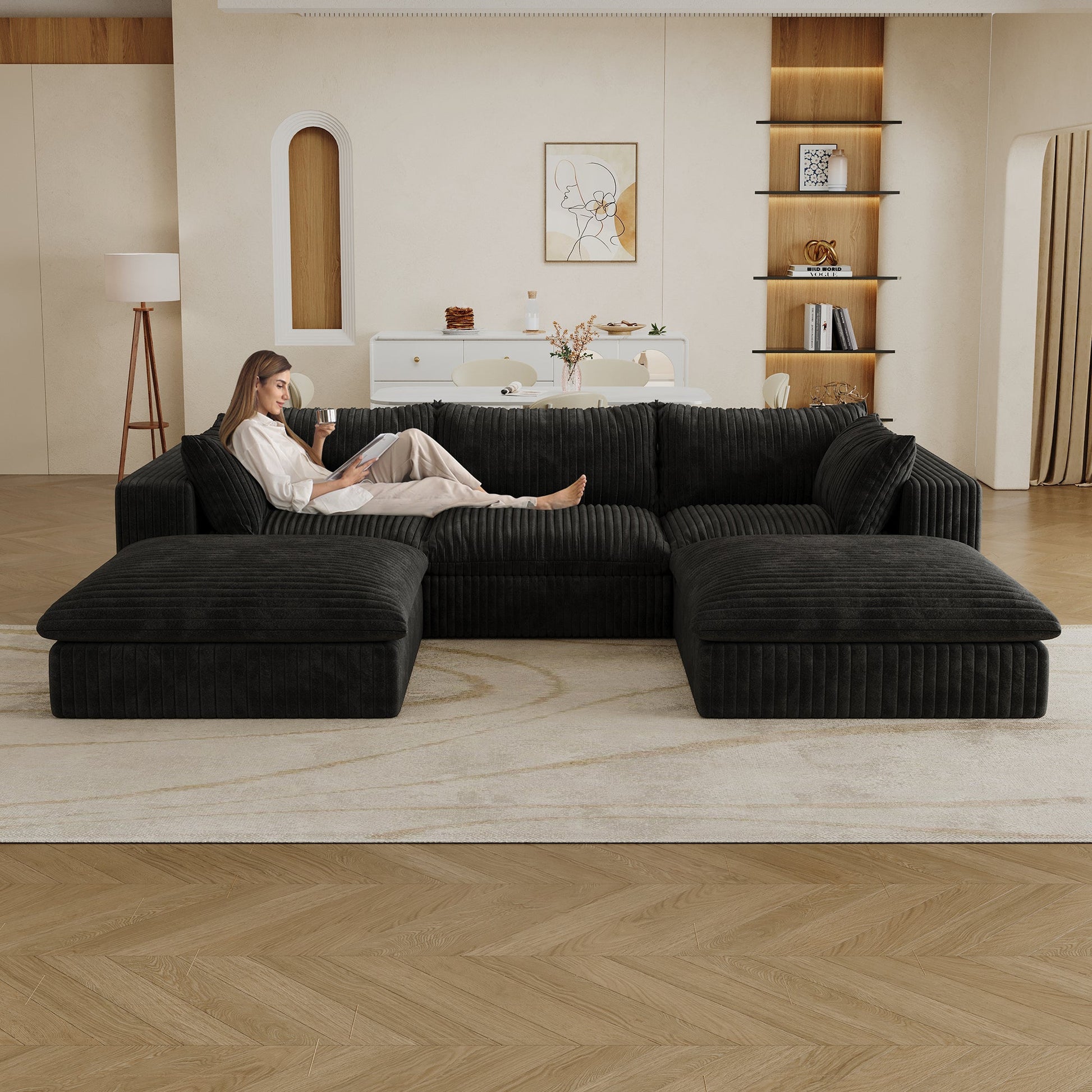 118.2' Cloud Sofa,Corduroy Fabric,Deep Seat Couches,Double - layer design,Removable Cushion,No Assembly, DIY Combination for Living room, Bedroom,Conference room ,Apartment,Black - 1st Choice Furniture Direct