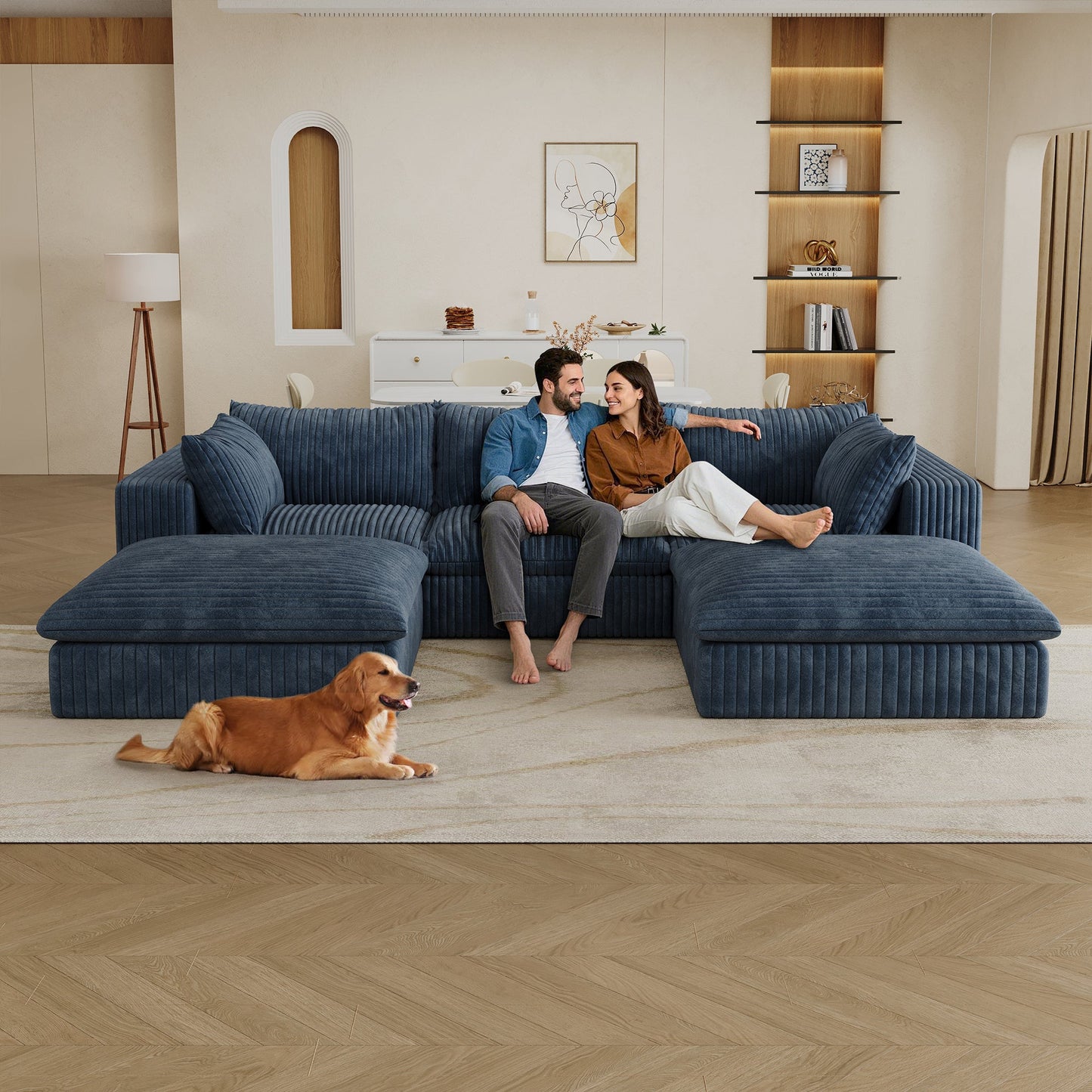118.2' Cloud Sofa,Corduroy Fabric,Deep Seat Couches,Double - layer design,Removable Cushion,No Assembly, DIY Combination for Living room, Bedroom,Conference room ,Apartment,Blue - 1st Choice Furniture Direct