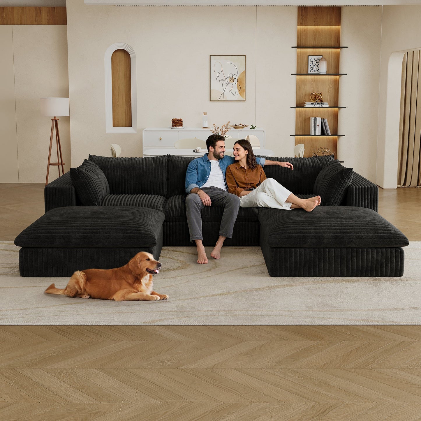 118.2' Cloud Sofa,Corduroy Fabric,Deep Seat Couches,Double - layer design,Removable Cushion,No Assembly, DIY Combination for Living room, Bedroom,Conference room ,Apartment,Black - 1st Choice Furniture Direct