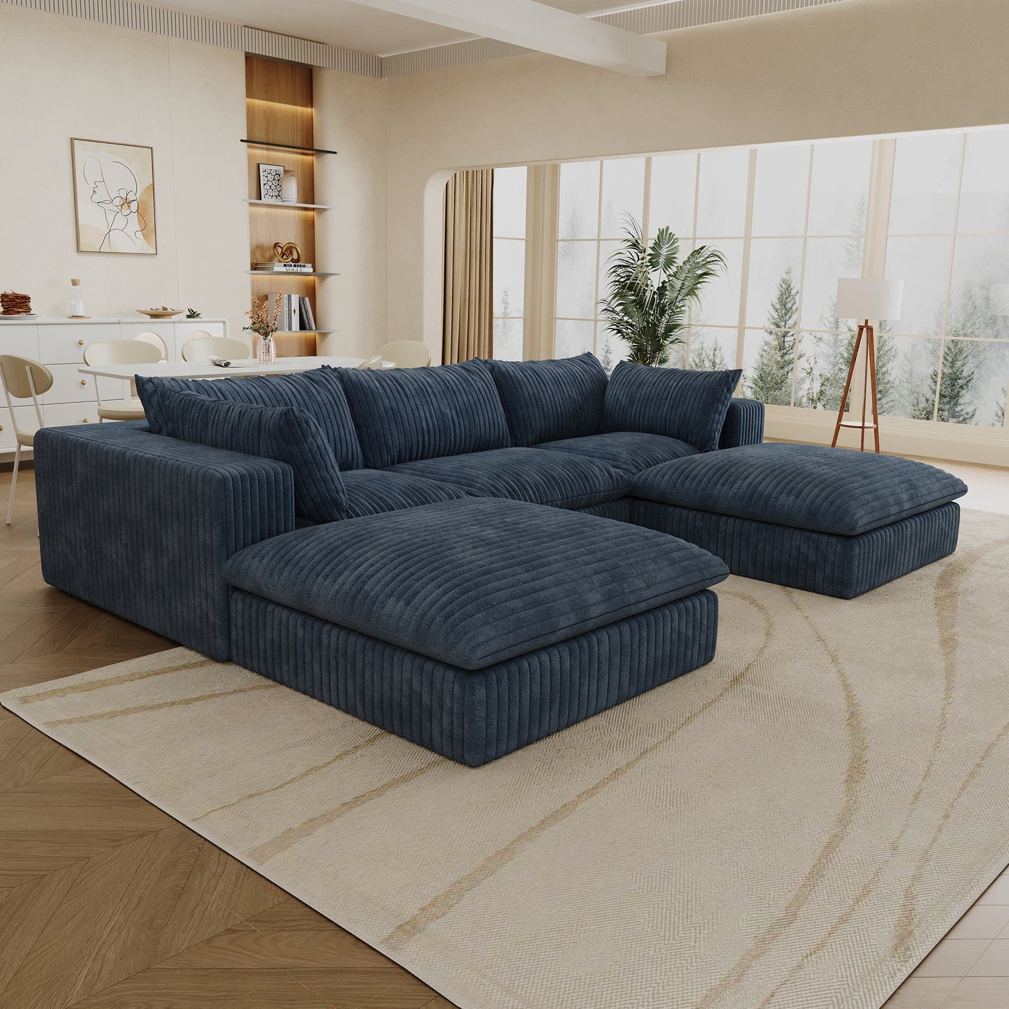 118.2' Cloud Sofa,Corduroy Fabric,Deep Seat Couches,Double - layer design,Removable Cushion,No Assembly, DIY Combination for Living room, Bedroom,Conference room ,Apartment,Blue - 1st Choice Furniture Direct