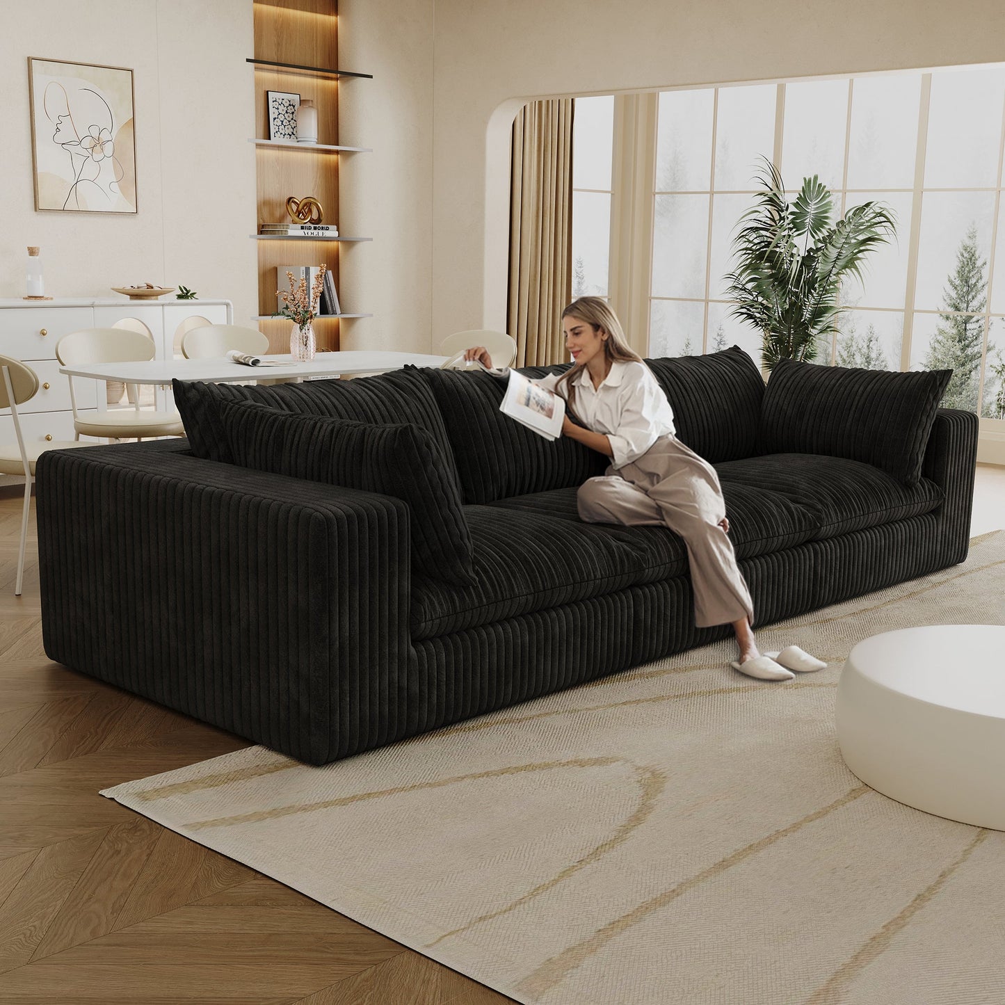 118.2' Cloud Sofa,Corduroy Fabric,Deep Seat Couches,Double - layer design,Removable Cushion,No Assembly, DIY Combination for Living room, Bedroom,Conference room ,Apartment,Black - 1st Choice Furniture Direct