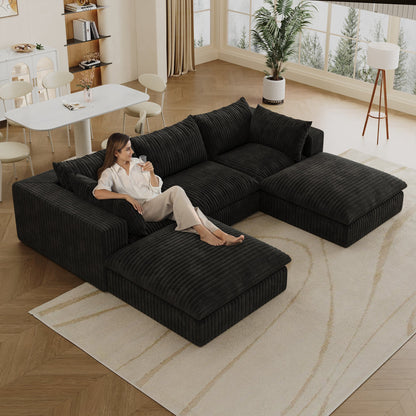 118.2' Cloud Sofa,Corduroy Fabric,Deep Seat Couches,Double - layer design,Removable Cushion,No Assembly, DIY Combination for Living room, Bedroom,Conference room ,Apartment,Black - 1st Choice Furniture Direct
