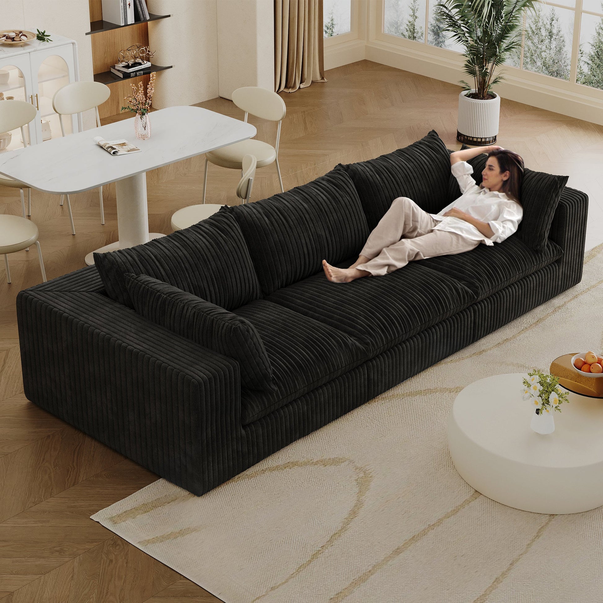 118.2' Cloud Sofa,Corduroy Fabric,Deep Seat Couches,Double - layer design,Removable Cushion,No Assembly, DIY Combination for Living room, Bedroom,Conference room ,Apartment,Black - 1st Choice Furniture Direct
