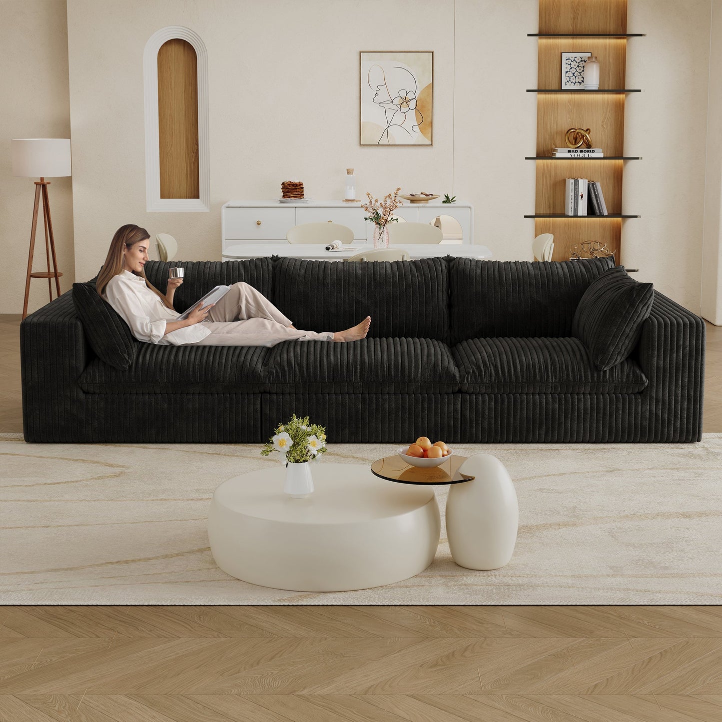 118.2' Cloud Sofa,Corduroy Fabric,Deep Seat Couches,Double - layer design,Removable Cushion,No Assembly, DIY Combination for Living room, Bedroom,Conference room ,Apartment,Black - 1st Choice Furniture Direct
