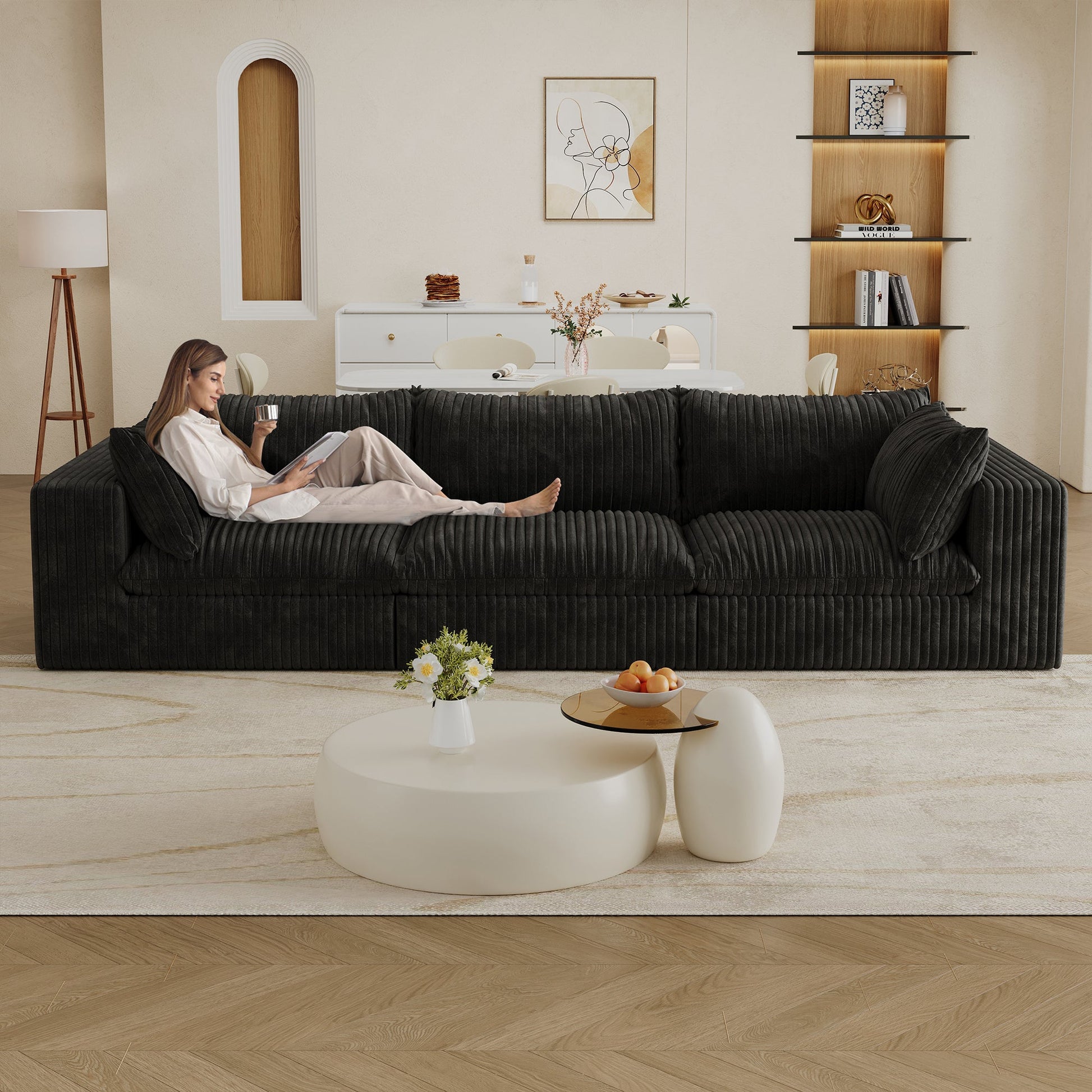 118.2' Cloud Sofa,Corduroy Fabric,Deep Seat Couches,Double - layer design,Removable Cushion,No Assembly, DIY Combination for Living room, Bedroom,Conference room ,Apartment,Black - 1st Choice Furniture Direct