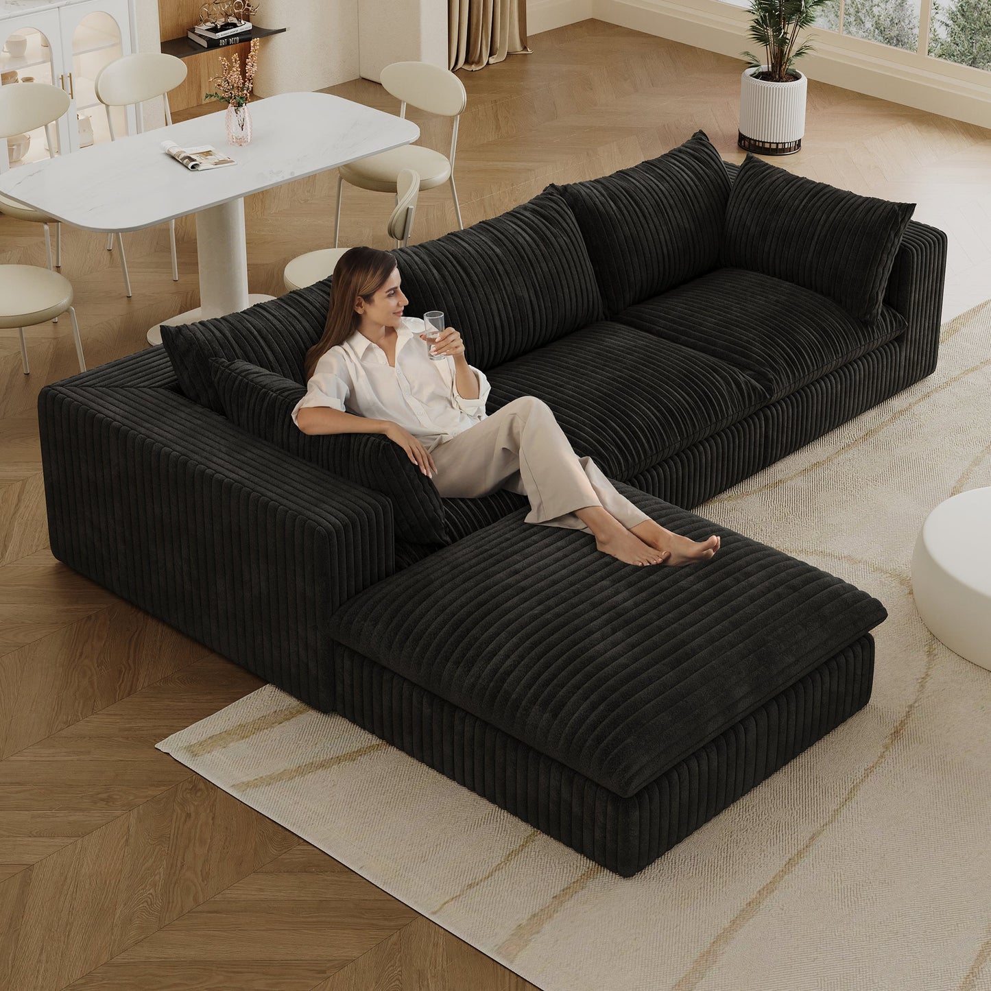118.2' Cloud Sofa,Corduroy Fabric,Deep Seat Couches,Double - layer design,Removable Cushion,No Assembly, DIY Combination for Living room, Bedroom,Conference room ,Apartment,Black - 1st Choice Furniture Direct