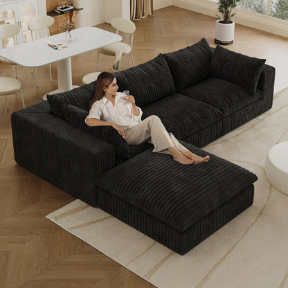 118.2' Cloud Sofa,Corduroy Fabric,Deep Seat Couches,Double - layer design,Removable Cushion,No Assembly, DIY Combination for Living room, Bedroom,Conference room ,Apartment,Black - 1st Choice Furniture Direct