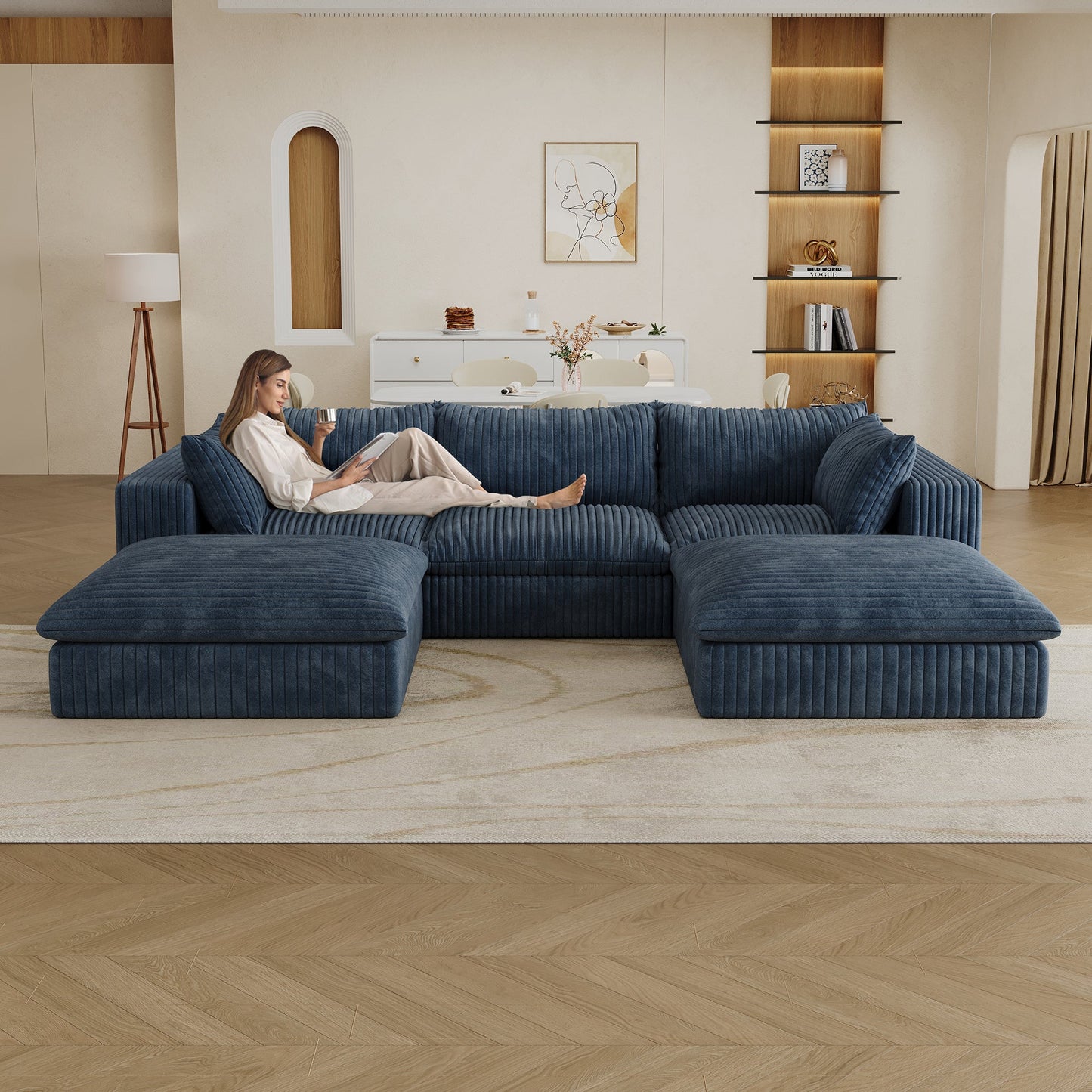 118.2' Cloud Sofa,Corduroy Fabric,Deep Seat Couches,Double - layer design,Removable Cushion,No Assembly, DIY Combination for Living room, Bedroom,Conference room ,Apartment,Blue - 1st Choice Furniture Direct