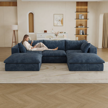 118.2' Cloud Sofa,Corduroy Fabric,Deep Seat Couches,Double - layer design,Removable Cushion,No Assembly, DIY Combination for Living room, Bedroom,Conference room ,Apartment,Blue - 1st Choice Furniture Direct