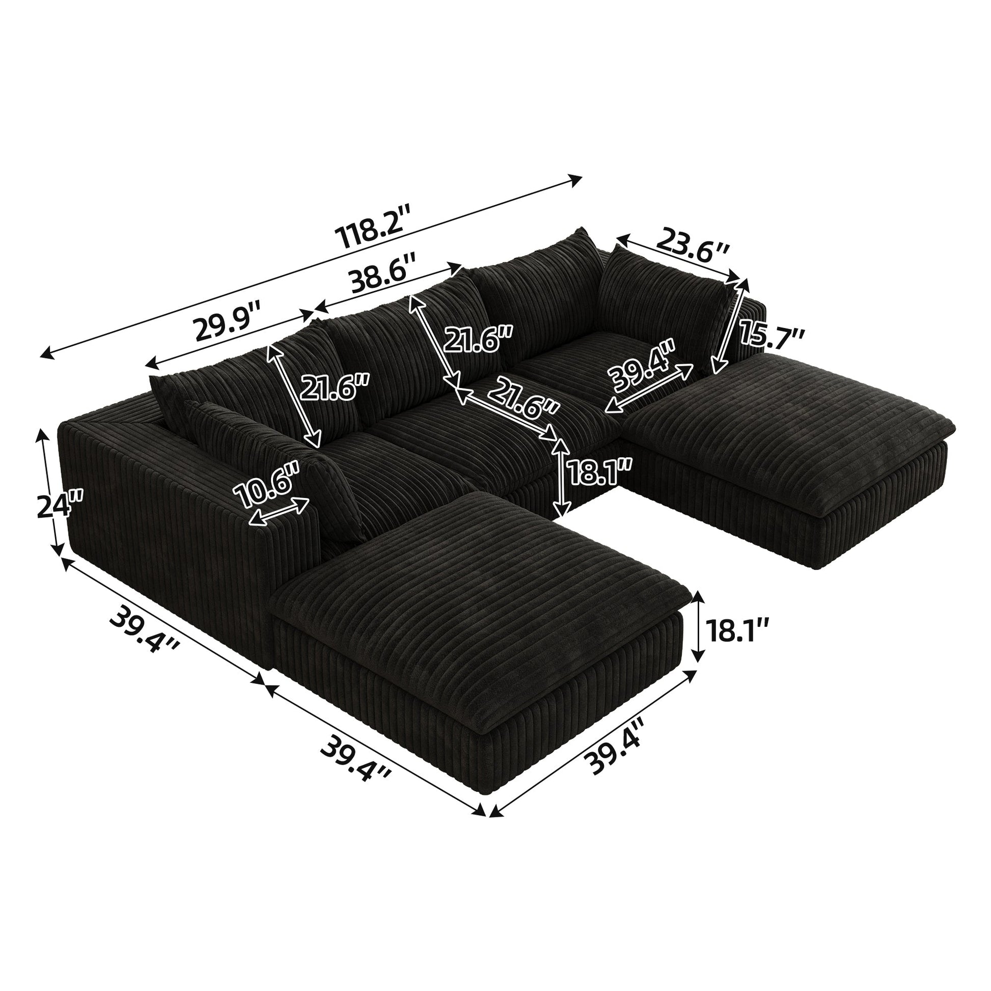 118.2' Cloud Sofa,Corduroy Fabric,Deep Seat Couches,Double - layer design,Removable Cushion,No Assembly, DIY Combination for Living room, Bedroom,Conference room ,Apartment,Black - 1st Choice Furniture Direct