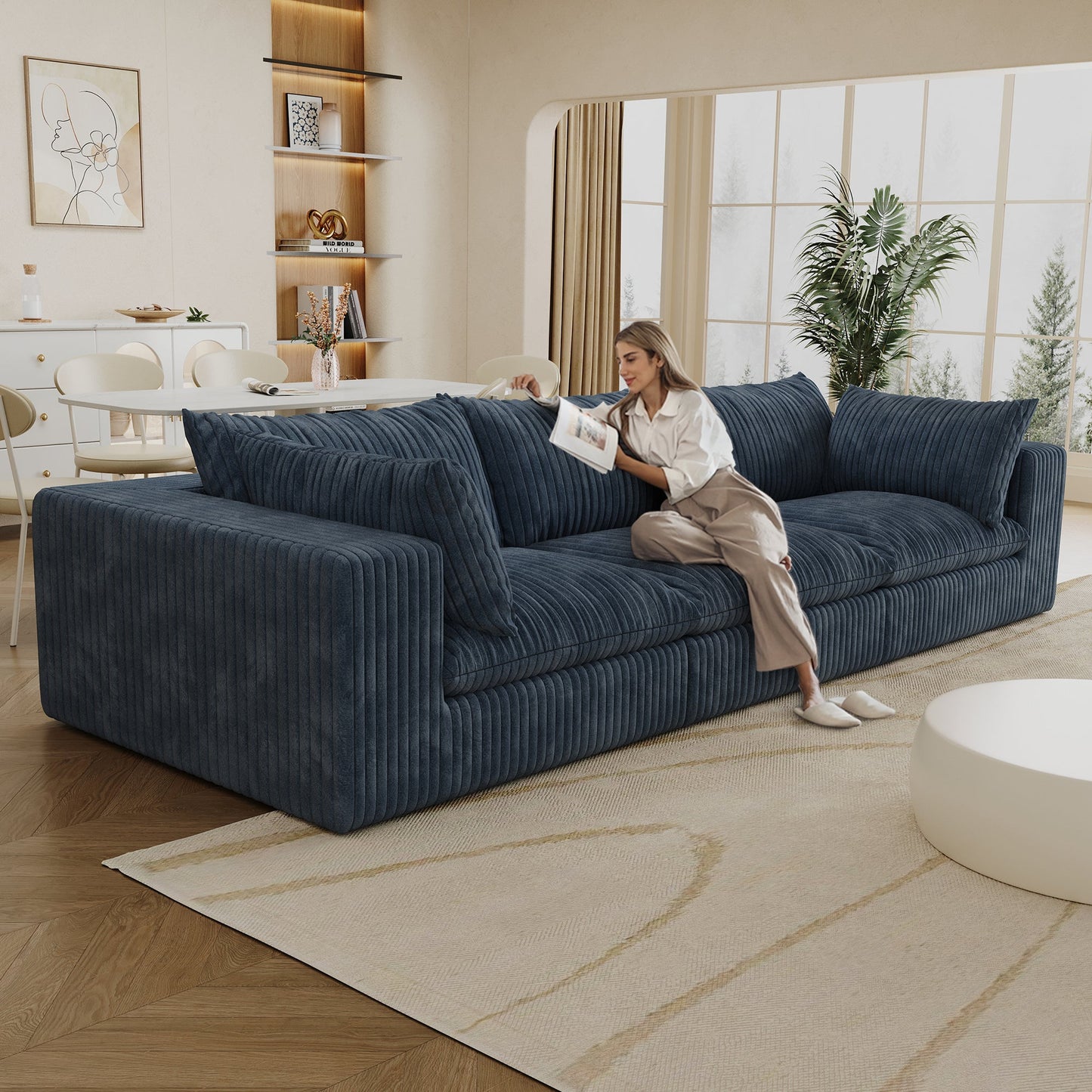 118.2' Cloud Sofa,Corduroy Fabric,Deep Seat Couches,Double - layer design,Removable Cushion,No Assembly, DIY Combination for Living room, Bedroom,Conference room ,Apartment,Blue - 1st Choice Furniture Direct