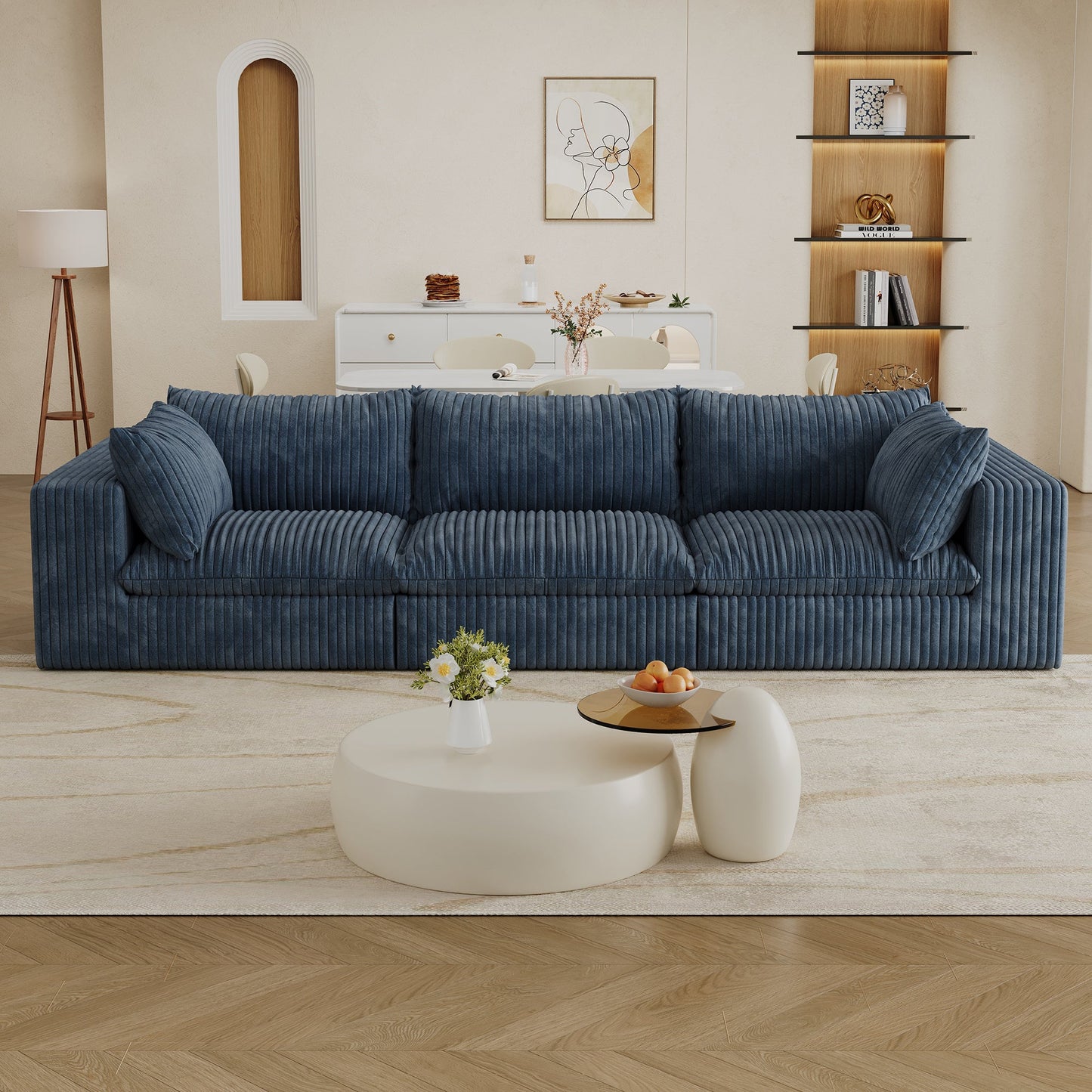 118.2' Cloud Sofa,Corduroy Fabric,Deep Seat Couches,Double - layer design,Removable Cushion,No Assembly, DIY Combination for Living room, Bedroom,Conference room ,Apartment,Blue - 1st Choice Furniture Direct