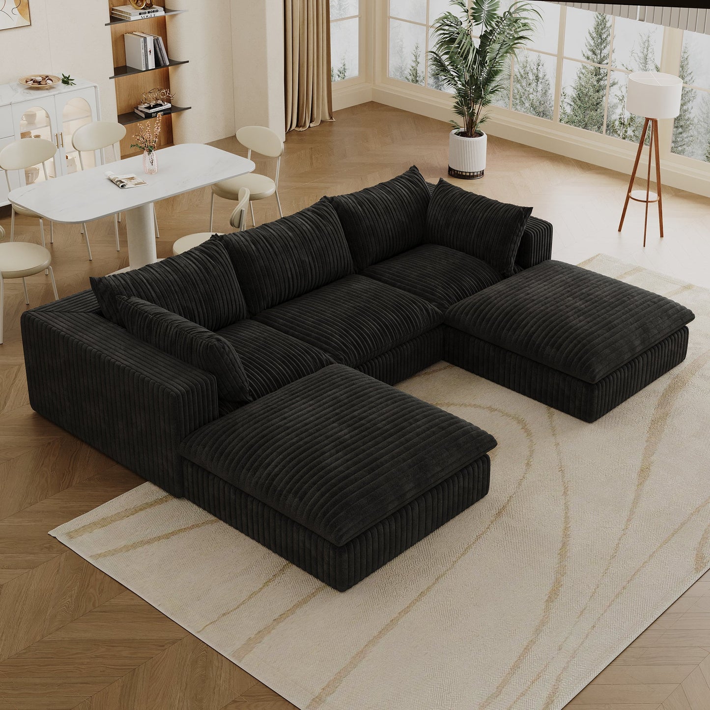 118.2' Cloud Sofa,Corduroy Fabric,Deep Seat Couches,Double - layer design,Removable Cushion,No Assembly, DIY Combination for Living room, Bedroom,Conference room ,Apartment,Black - 1st Choice Furniture Direct