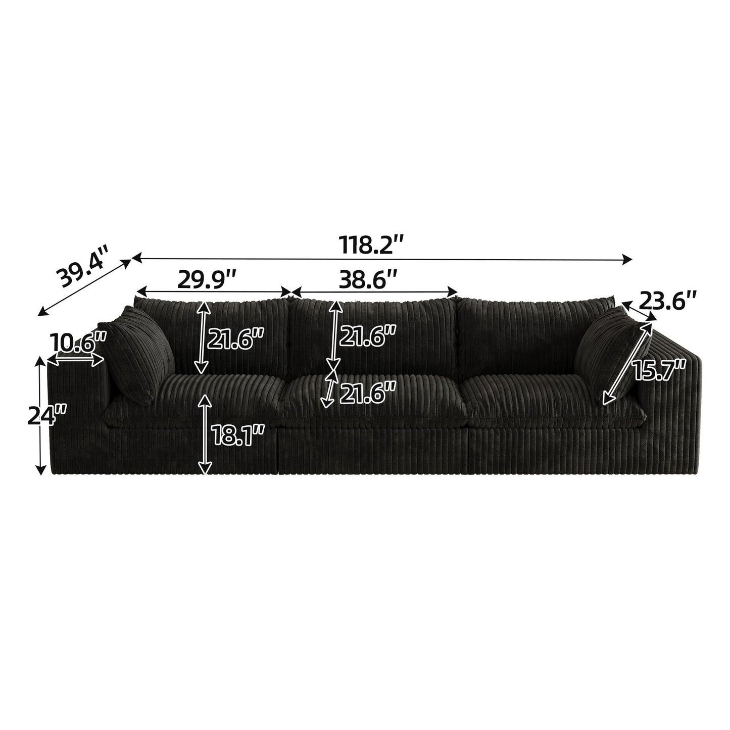 118.2' Cloud Sofa,Corduroy Fabric,Deep Seat Couches,Double - layer design,Removable Cushion,No Assembly, DIY Combination for Living room, Bedroom,Conference room ,Apartment,Black - 1st Choice Furniture Direct