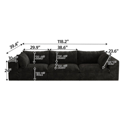 118.2' Cloud Sofa,Corduroy Fabric,Deep Seat Couches,Double - layer design,Removable Cushion,No Assembly, DIY Combination for Living room, Bedroom,Conference room ,Apartment,Black - 1st Choice Furniture Direct