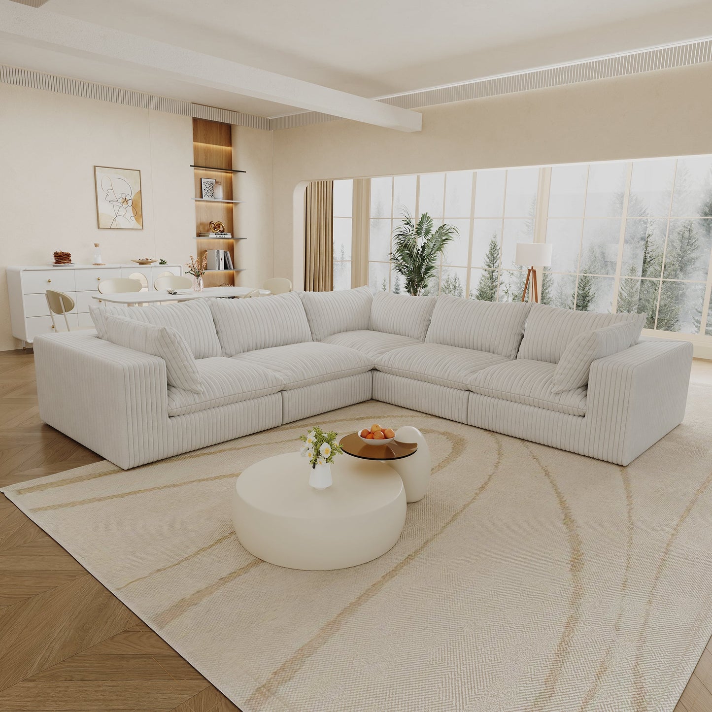 118.2' Cloud Sofa,Corduroy Fabric,Deep Seat Couches,Double - layer design,Removable Cushion,No Assembly, DIY Combination for Living room, Bedroom,Conference room ,Apartment,WHITE - 1st Choice Furniture Direct
