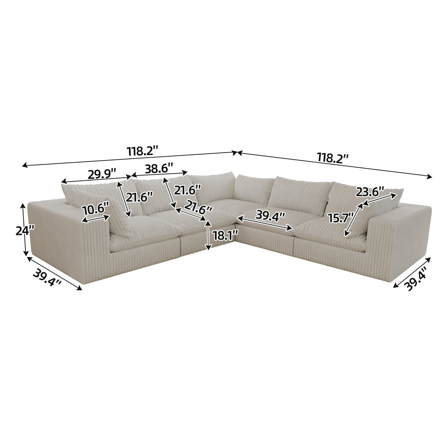 118.2' Cloud Sofa,Corduroy Fabric,Deep Seat Couches,Double - layer design,Removable Cushion,No Assembly, DIY Combination for Living room, Bedroom,Conference room ,Apartment,WHITE - 1st Choice Furniture Direct