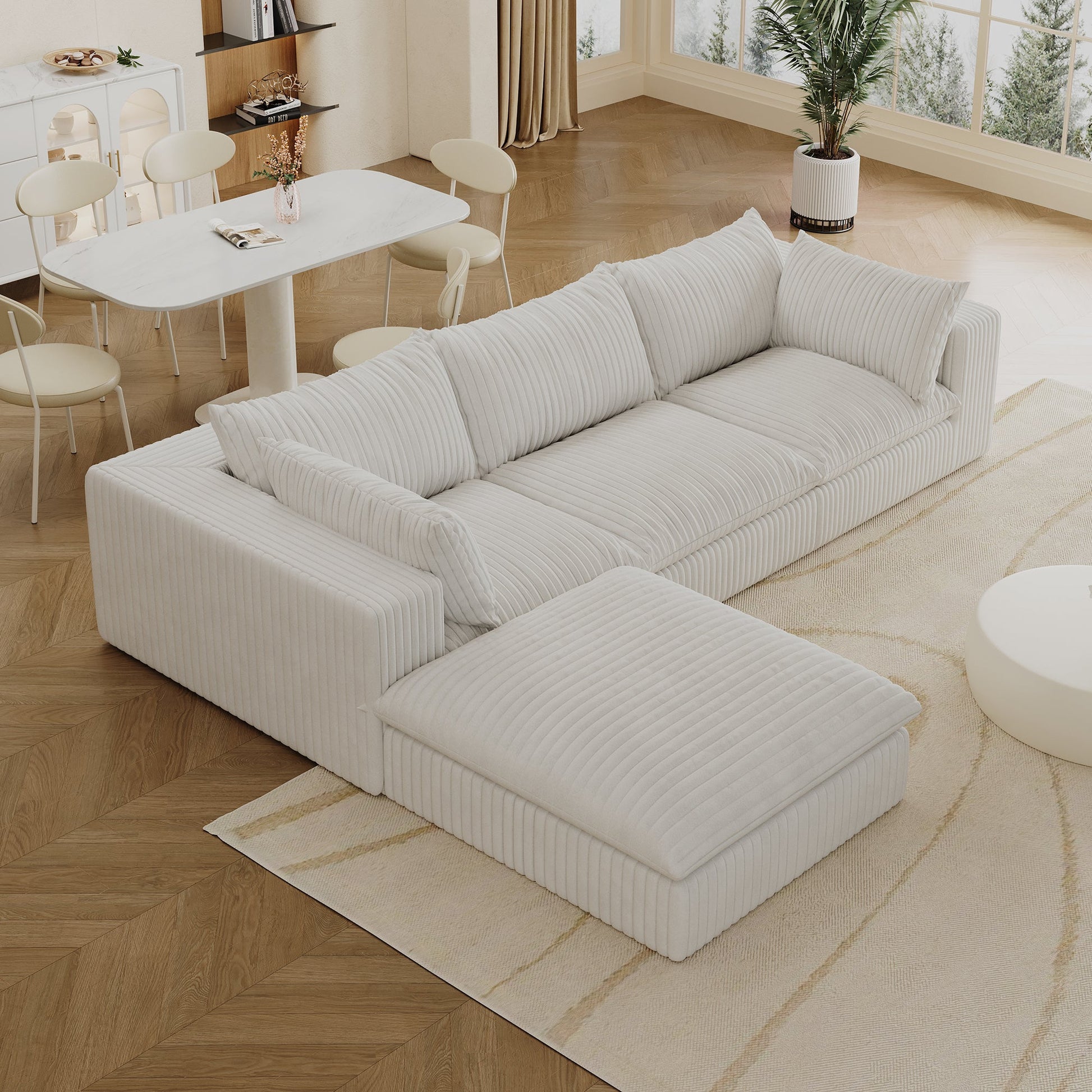 118.2' Cloud Sofa,Corduroy Fabric,Deep Seat Couches,Double - layer design,Removable Cushion,No Assembly, DIY Combination for Living room, Bedroom,Conference room ,Apartment,White - 1st Choice Furniture Direct