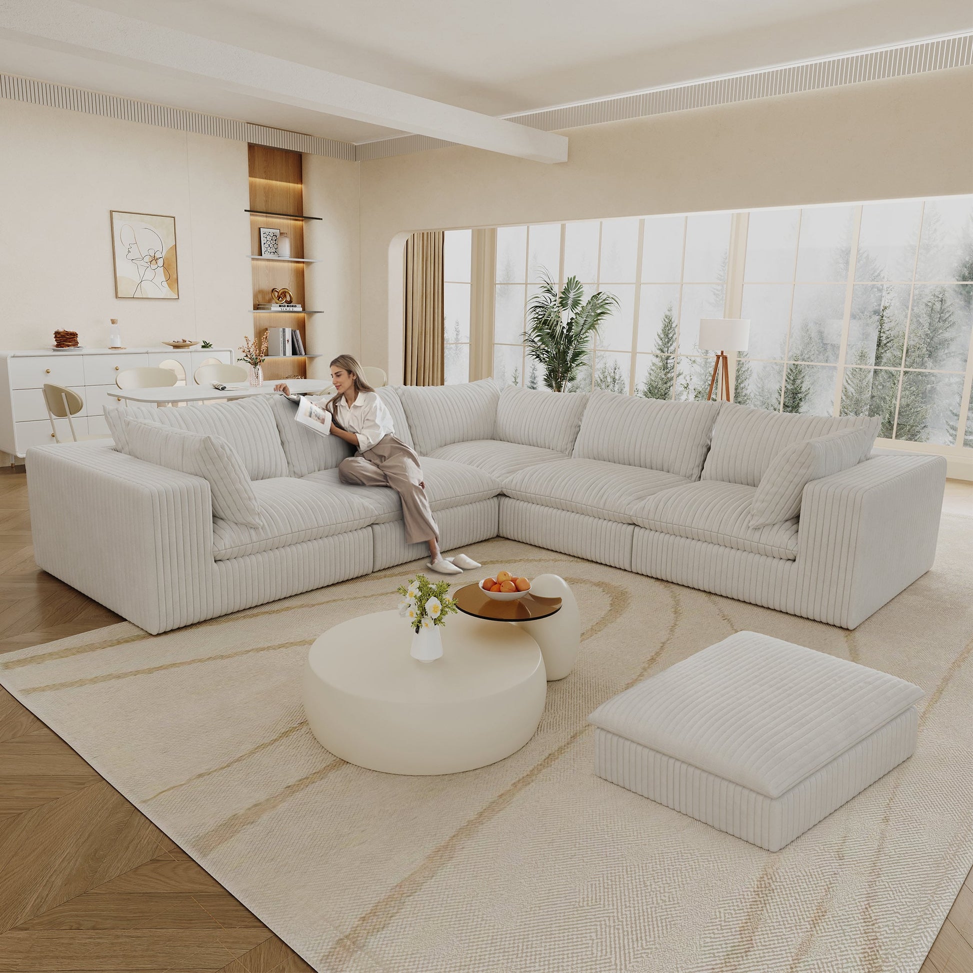 118.2' Cloud Sofa,Corduroy Fabric,Deep Seat Couches,Double - layer design,Removable Cushion,No Assembly, DIY Combination for Living room, Bedroom,Conference room ,Apartment,White - 1st Choice Furniture Direct