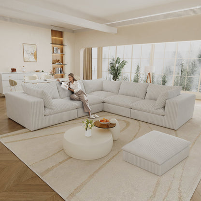 118.2' Cloud Sofa,Corduroy Fabric,Deep Seat Couches,Double - layer design,Removable Cushion,No Assembly, DIY Combination for Living room, Bedroom,Conference room ,Apartment,White - 1st Choice Furniture Direct