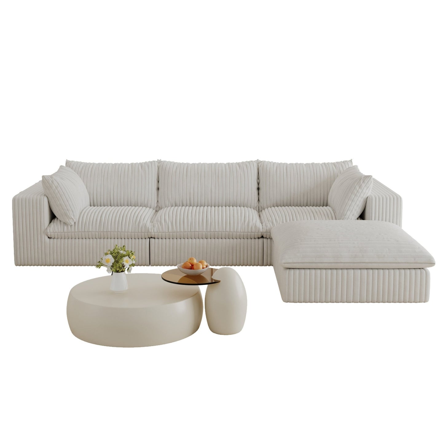 118.2' Cloud Sofa,Corduroy Fabric,Deep Seat Couches,Double - layer design,Removable Cushion,No Assembly, DIY Combination for Living room, Bedroom,Conference room ,Apartment,White - 1st Choice Furniture Direct