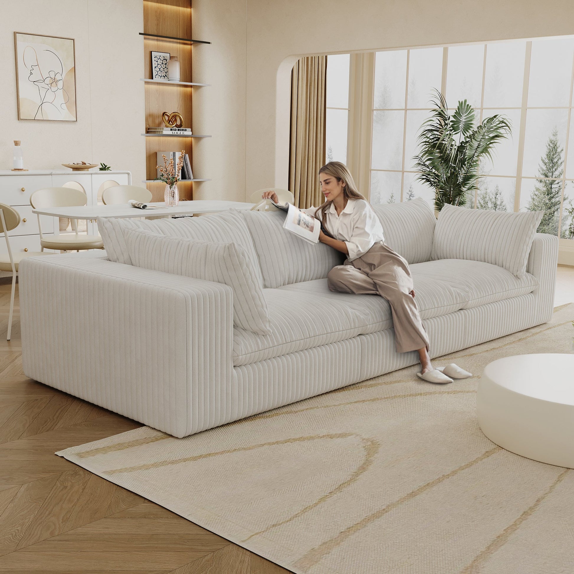 118.2' Cloud Sofa,Corduroy Fabric,Deep Seat Couches,Double - layer design,Removable Cushion,No Assembly, DIY Combination for Living room, Bedroom,Conference room ,Apartment,White - 1st Choice Furniture Direct