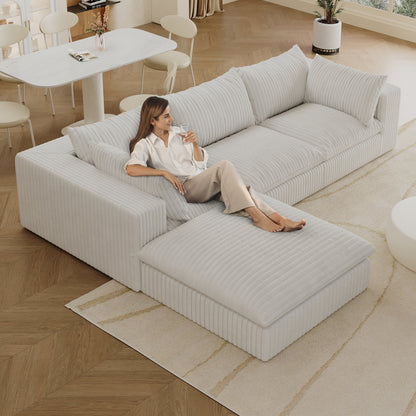 118.2' Cloud Sofa,Corduroy Fabric,Deep Seat Couches,Double - layer design,Removable Cushion,No Assembly, DIY Combination for Living room, Bedroom,Conference room ,Apartment,White - 1st Choice Furniture Direct