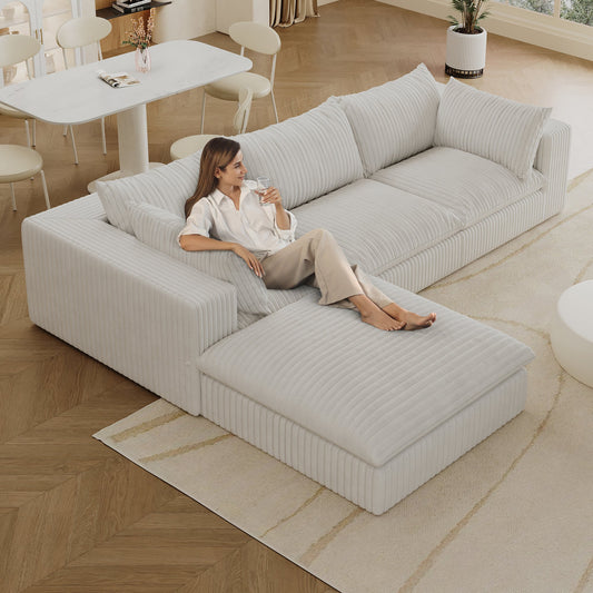 118.2' Cloud Sofa,Corduroy Fabric,Deep Seat Couches,Double - layer design,Removable Cushion,No Assembly, DIY Combination for Living room, Bedroom,Conference room ,Apartment,White - 1st Choice Furniture Direct