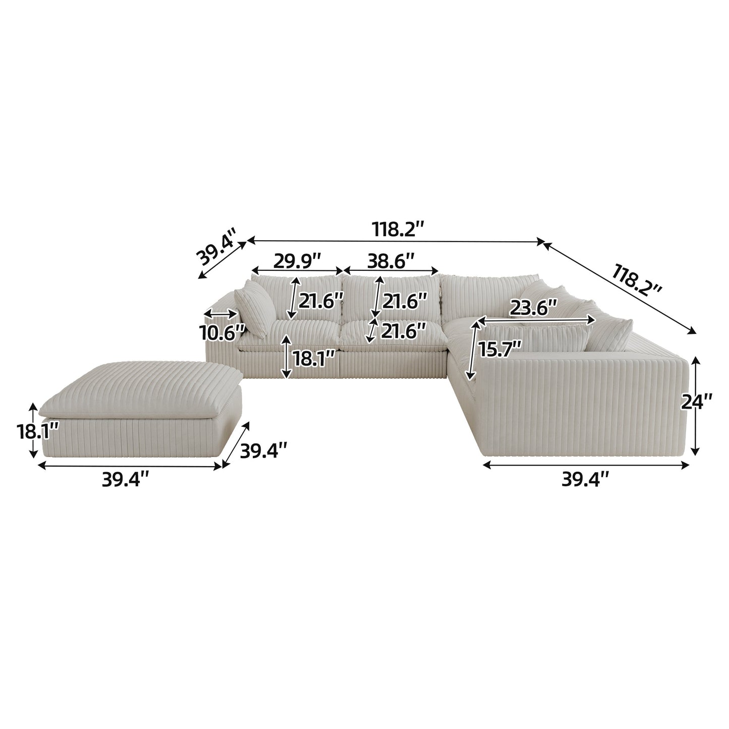 118.2' Cloud Sofa,Corduroy Fabric,Deep Seat Couches,Double - layer design,Removable Cushion,No Assembly, DIY Combination for Living room, Bedroom,Conference room ,Apartment,White - 1st Choice Furniture Direct