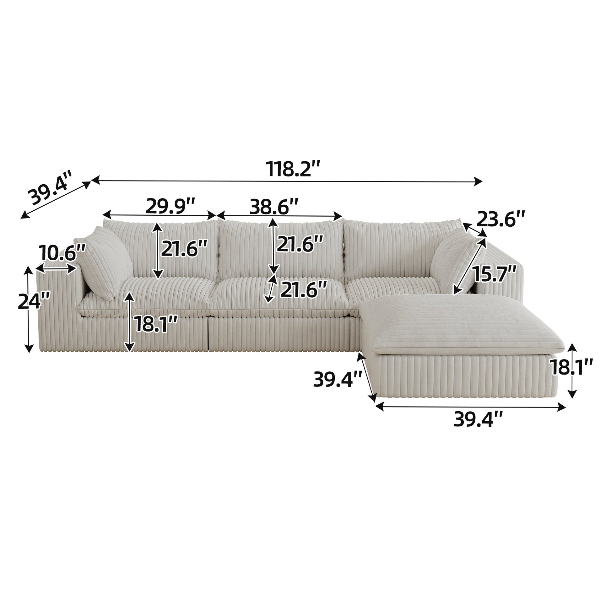 118.2' Cloud Sofa,Corduroy Fabric,Deep Seat Couches,Double - layer design,Removable Cushion,No Assembly, DIY Combination for Living room, Bedroom,Conference room ,Apartment,White - 1st Choice Furniture Direct