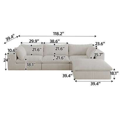 118.2' Cloud Sofa,Corduroy Fabric,Deep Seat Couches,Double - layer design,Removable Cushion,No Assembly, DIY Combination for Living room, Bedroom,Conference room ,Apartment,White - 1st Choice Furniture Direct
