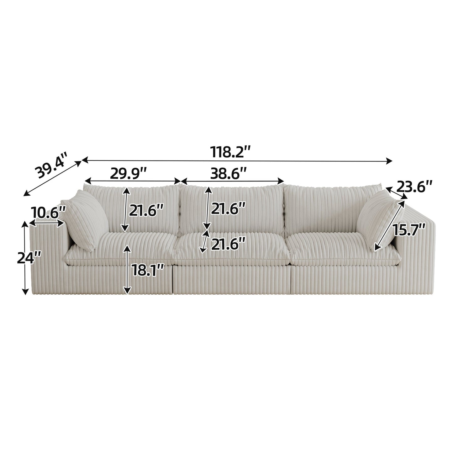 118.2' Cloud Sofa,Corduroy Fabric,Deep Seat Couches,Double - layer design,Removable Cushion,No Assembly, DIY Combination for Living room, Bedroom,Conference room ,Apartment,White - 1st Choice Furniture Direct