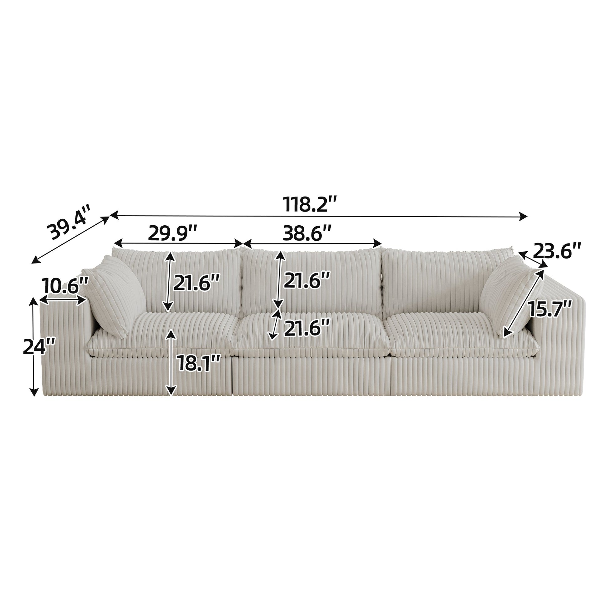 118.2' Cloud Sofa,Corduroy Fabric,Deep Seat Couches,Double - layer design,Removable Cushion,No Assembly, DIY Combination for Living room, Bedroom,Conference room ,Apartment,White - 1st Choice Furniture Direct