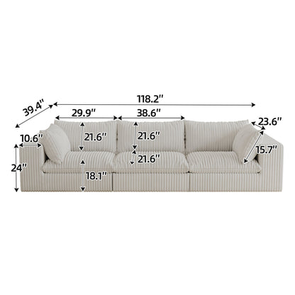 118.2' Cloud Sofa,Corduroy Fabric,Deep Seat Couches,Double - layer design,Removable Cushion,No Assembly, DIY Combination for Living room, Bedroom,Conference room ,Apartment,White - 1st Choice Furniture Direct