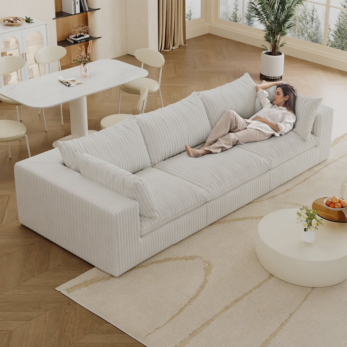 118.2' Cloud Sofa,Corduroy Fabric,Deep Seat Couches,Double - layer design,Removable Cushion,No Assembly, DIY Combination for Living room, Bedroom,Conference room ,Apartment,White - 1st Choice Furniture Direct